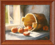 1:12 scale miniature oil painting #6 'Basket of Apples' depicting a basket of ripe apples spilled on a counter in front of a sunny window /dollhouse painting oilpainting oil mini miniature fine art